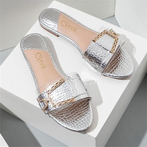 

slippers women flat heel silver gold buckle slides shoes summer outdoor beach transparent sandals slipper female flip flop, Black