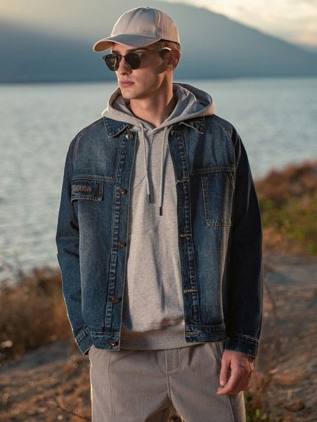 

men letter embroidery bleach wash raglan sleeve denim jacket 025m#, Blue