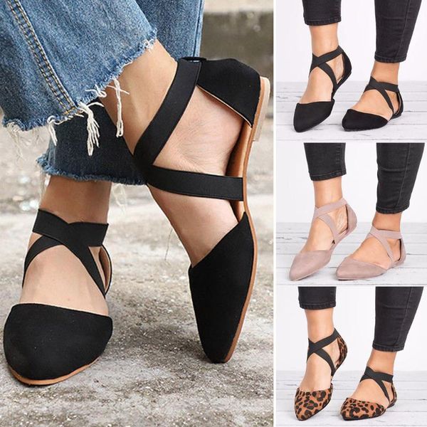 

women ladies fashion pointed toe flat spike heels buckle elastic band sandals leopard casual single shoes, Black