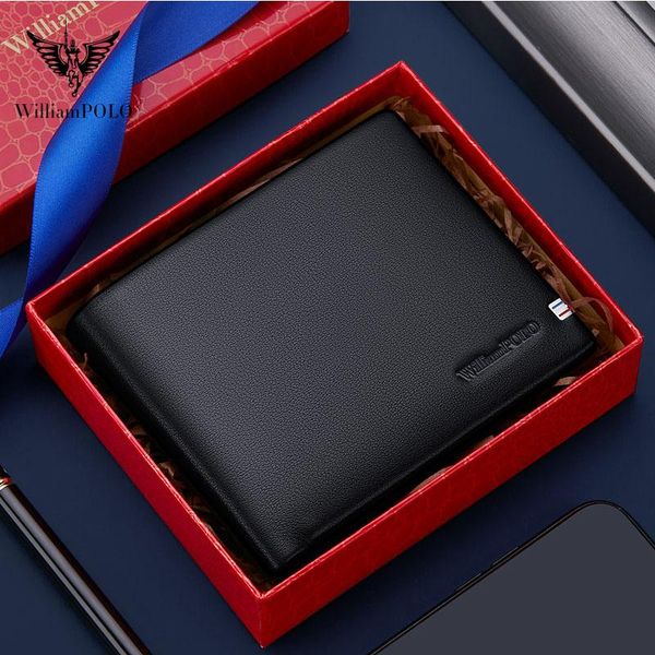 

williampolohigh-end brand ultra-thin wallet men's short horizontal 100% cowhide youth card bag black wallets, Red;black