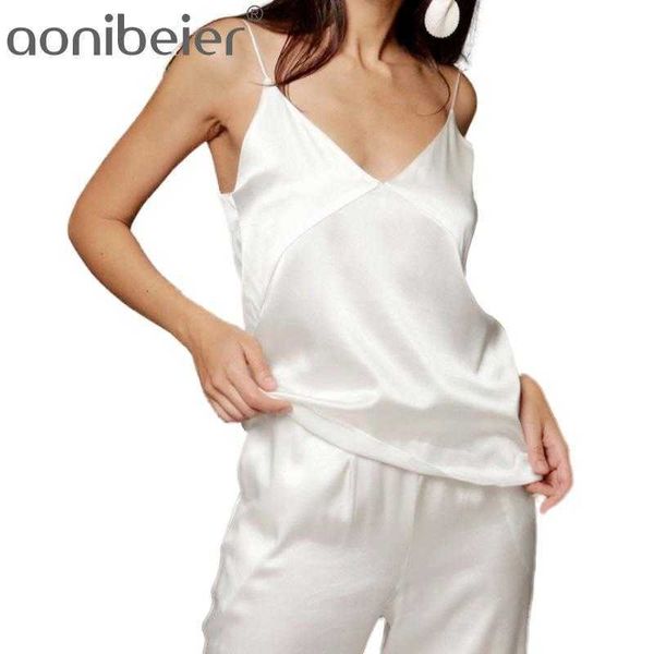 Weiß Schwarz Satin Sexy Pyjama V-ausschnitt Spaghetti Strap Lose Hosen Intime Dessous Weibliche Set Homewear Casual 210604