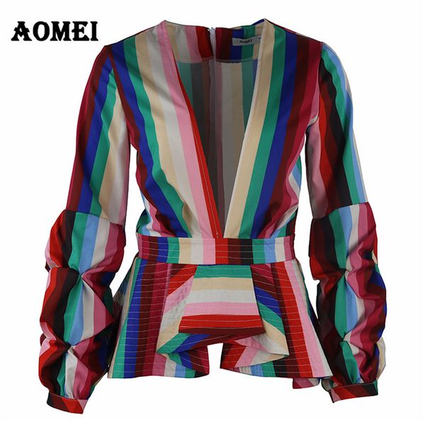 

women blouse peplum rainbow stripe shirts ruffles officewear v neck summer fashion clothing blusas plus size 4xl 210416, Blue