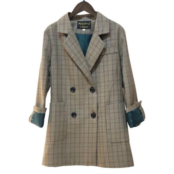 

women blazers and jackets spring summer double-breasted check loose slim suit jacket in the long woman women's suits &, White;black