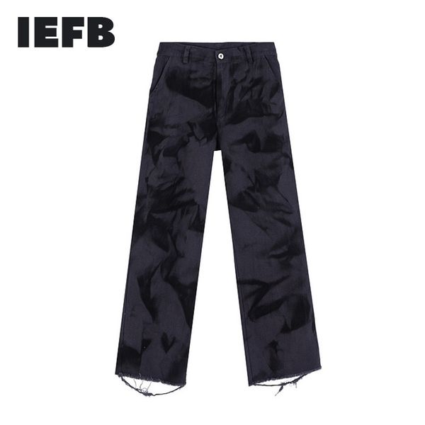 

iefb spring black print deanim trousers for men fashion hip hop high street wash do old loose straight pants tie dye 210524