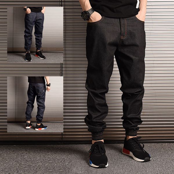 

men's jeans japanese vintage fashion loose fit elastic waist slack bottom denim cargo pants streetwear hip hop joggers tsem, Blue