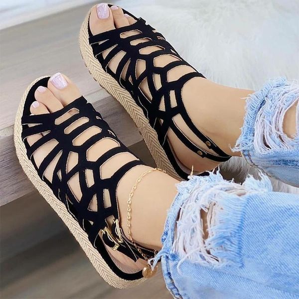

women's shoes summer beach flat open toe espadrille sandals gladiator hollow out platform ladies big size, Black