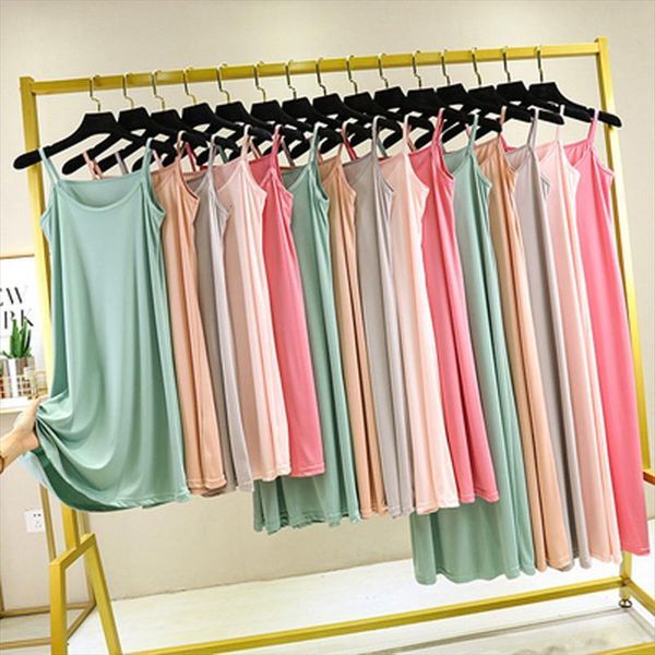 

plus size modal summer womens dress stretchy loose soft spaghetti strap to 90 110cm long under ladies casual dresses, Black;gray