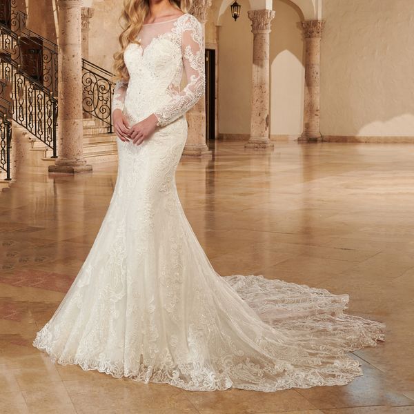 

long sleeves lace mermaid wedding dress sheer neckline applique with beads sequins bridal gowns, White