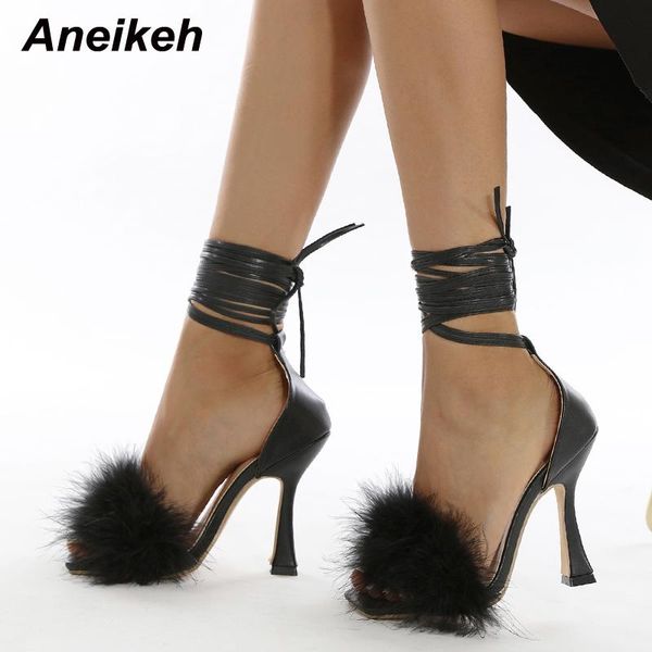 

sandals aneikeh fashion pu furry shallow summer high women 2021 cross-tied de las mujeres thin heels shoes party elegant rome, Black