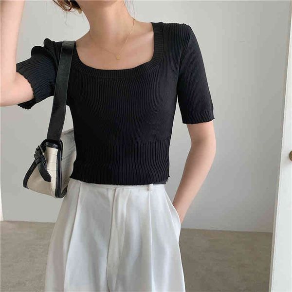 

women's sweaters hzirip loose all game square neck high waist elastic solid mesh chic summer short sleeves sweaters 2pwm, White;black