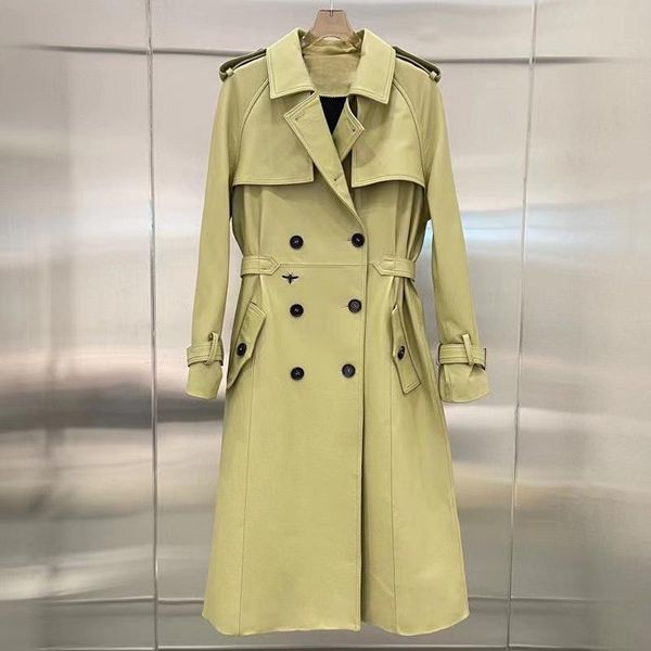 

women's leather & faux x-long spring coat jacket genuine real sheepskin clothes 2021 arrival outerwear double breasted, Black
