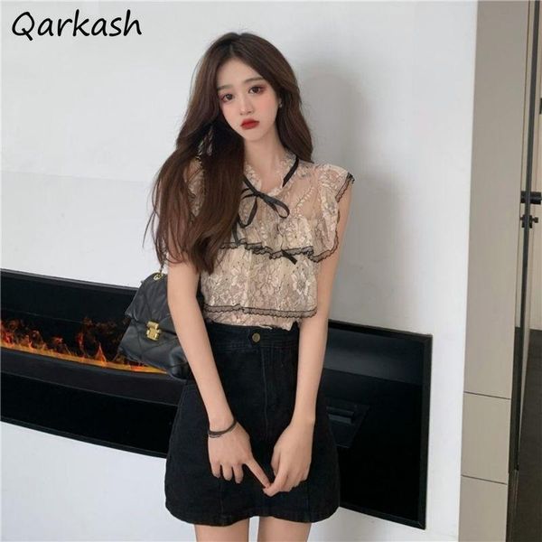 

women's blouses & shirts blouse women sleeveless thin hook flower hollow lace all-match sweet girls fairy summer retro v-neck ladi, White