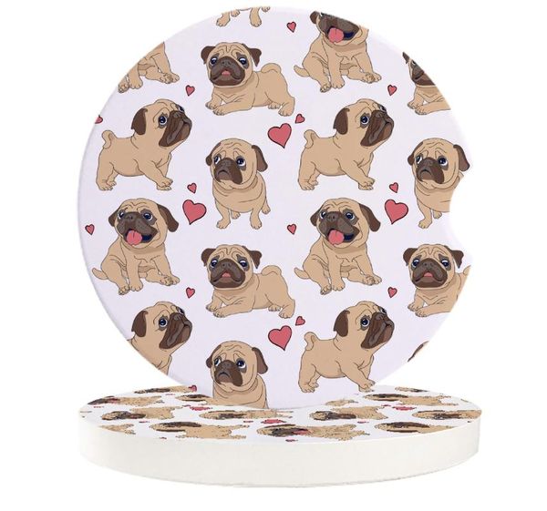 

table runner pug cute heart dog cartoon design small round ceramic car coasters set for drinks coffee tea beverage cup holder
