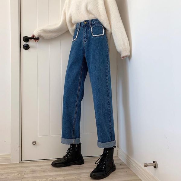 

women's jeans 3265 korean version of 2021 design pearl pocket loose western style straight-leg, Blue