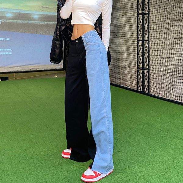 

high waist denim pants women harajuku blue and black patchwork jeans female streetwear wide leg pantalon korean fashion outfit 210419, Black;white