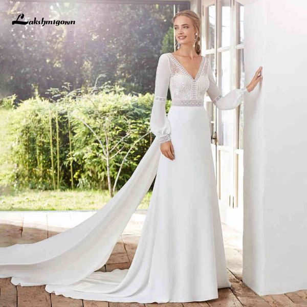 

new chic boho beach wedding es 2021 long sleeve backless vintage lace chiffon a line bride gowns vestido de novia rwki, White