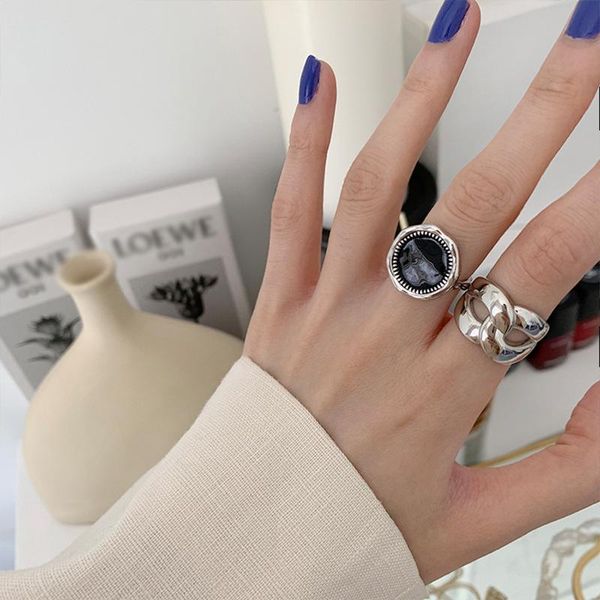

cluster rings s925 silver for fashion black drop glue resizable hip hop party widen jewelry accessories, Golden;silver