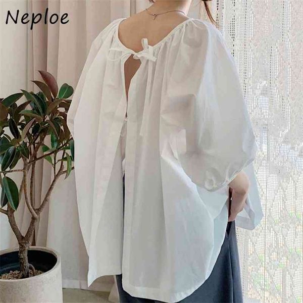 

fashion back two wear design lace up bow solid blouse o neck long sleeve draped blusas spring loose shirt 210422, White
