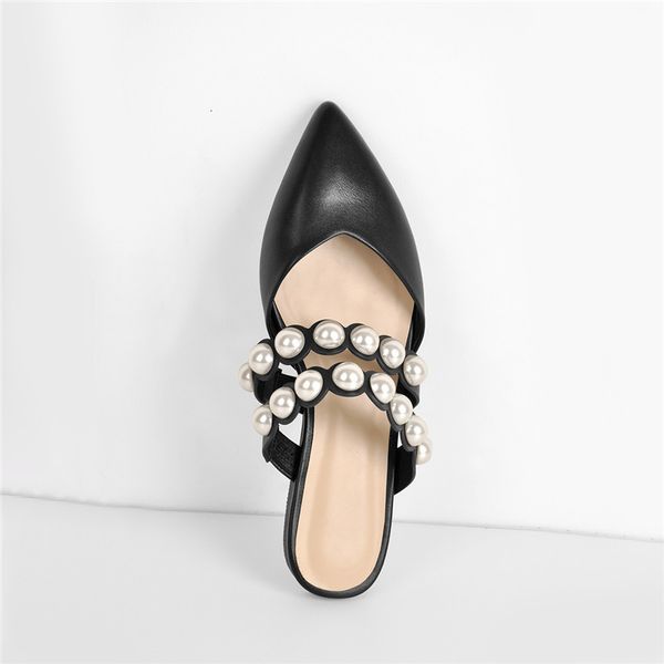 

sandals pointed toe black matte with white pearl stone strap flat pumps