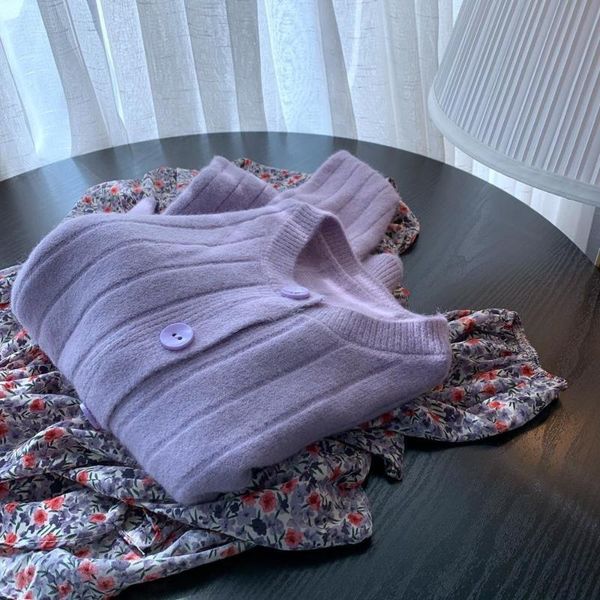 

women's knits & tees autumn and winter coat shows thin vertical lines, taro purple striped spring pure color versatile knitting, White