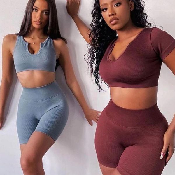 

seamless yoga shorts set women's outfits sleeveless workout ribbed crop bra leggings gym wear active tracksuits outfit