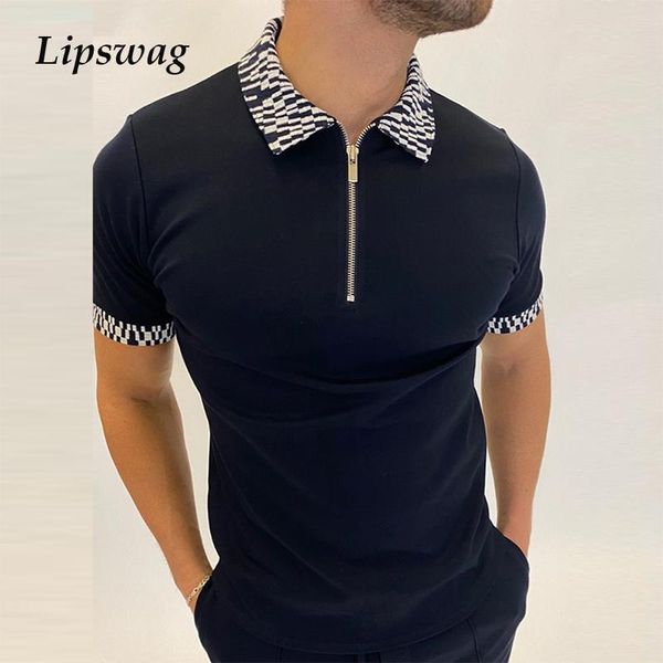 

men's polos 2021 summer short sleeve shirtsfashion patchwork turn-down collar zipper pullover for men casual shirt, White;black