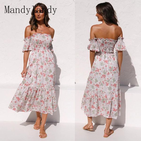 

ethnic clothing mandylandy women summer elegant floral print ruffle dress ladies off shoulder short sleeve halter long sunderss, Red