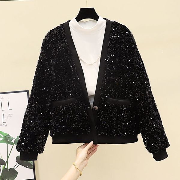 

jackets 2021 spring fall women chic sequined jacket coats pockets long sleeve outerwear vintage female casual fashion cardigan j9mq, Black;brown