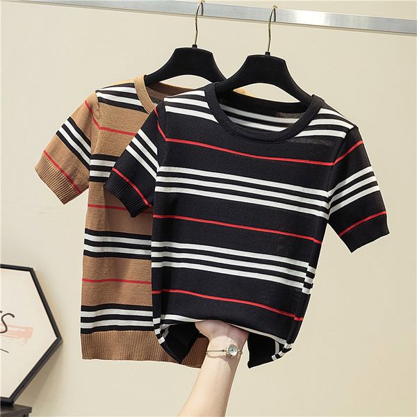 

ice silk jumper short sleeve knitted sweater women o neck thin slim striped sweater korean pullover clothes, White;black