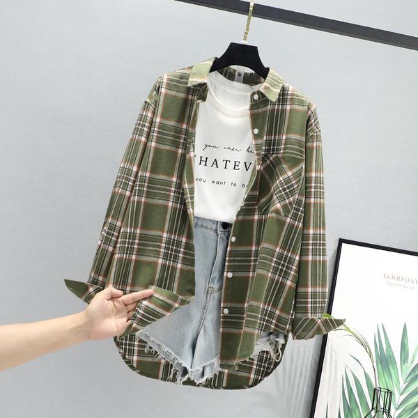 

women loose plaid shirt retro long-sleeve autumn casual lapel cotton single breasted shirts office spring blouse blusas women's blouse, White