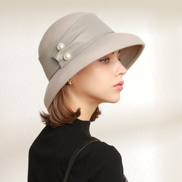 

hats capsautumn and winter british wool felt basin pearl belt decorative, Blue;gray