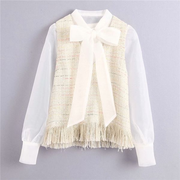 

women's knits & tees women fashion patchwork tweed long za beige blouse chic lady elegant organza sleeve bow collar transparent to, White