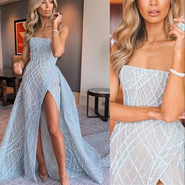

2021 bling luxury baby blue mermaid prom dresses overskirts detachable train high side split sequined lace strapless long party gowns formal, Black