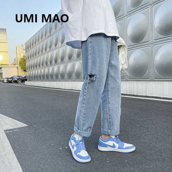 

men's jeans umi mao summer thin trousers loose hong kong style hip-hop tide brand ripped pants straight men clothes streetwear, Blue