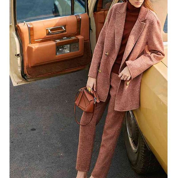 

retro two piece set spring women elegant double breasted turn down collar high waist long pants office lady suits 11920245 210527, White
