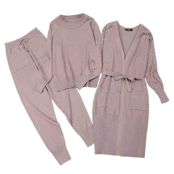 

women's two piece pants -suteres de punto para mujer, abrigos largos y pantalones perlas, conjuntos 3 uds. de manga larga, su nqxs, White
