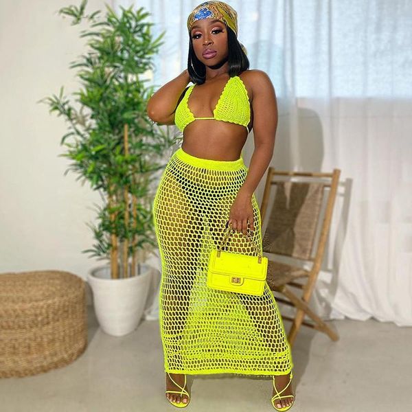 

women's swimwear hirigin hollow out crochet summer two piece set and skirts matching sets beach cover up neon club outfits, White;black