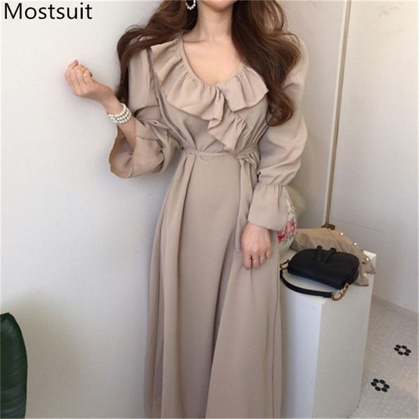

autumn chiffon vintage korean ruffles long dress women flare sleeve v-neck ladies solid fashion elegant dresses vestidos 210513, Black;gray