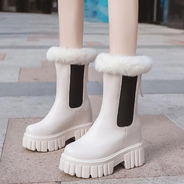 

boots rimocy women's platform warm fur ankle height increasing chunky winter shoes woman back zipper pu leather botas mujer 2021, Black