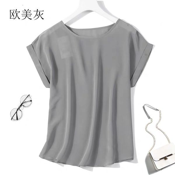 

t shirt women's 100% pure silk round neck blouse shirt short sleeve plus size l-3xl jn001, White