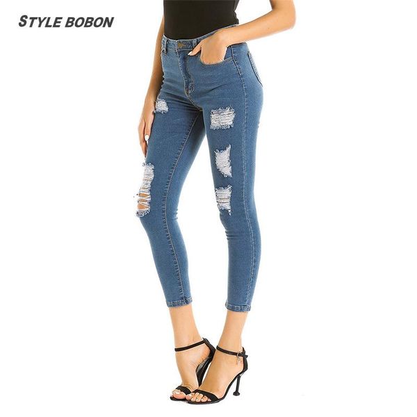 

women's jeans kalenmos women high waist stretch skinny button zipper fashion female autumn winter elastic pencil pants, Blue