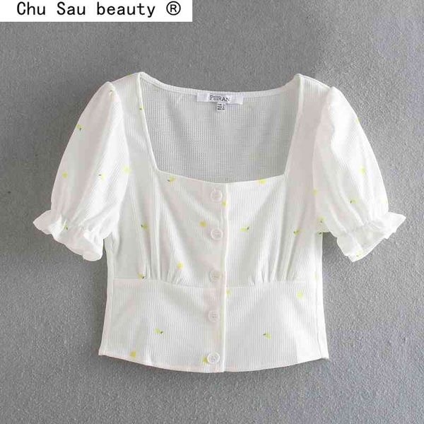 

summer chic women's french retro square collar printed white puff sleeve slim cropped single breasted fashion 210508