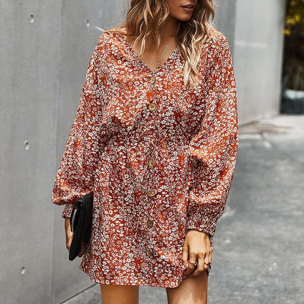 

casual dresses foridol oversized floral print dress women autumn winter long sleeve elegant ladies loose short 2021, Black;gray