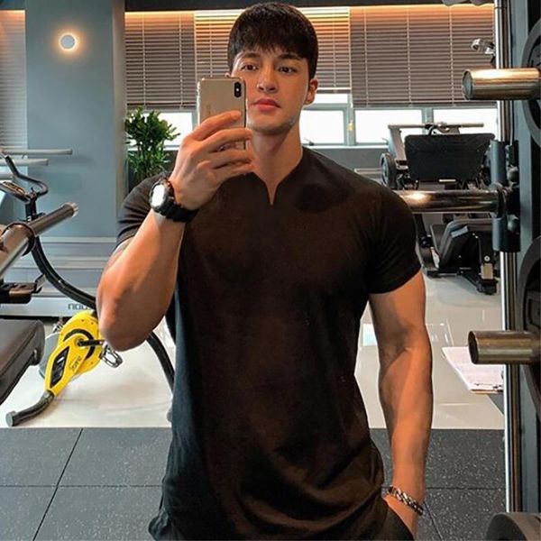 

men's t-shirts gym t shirt men running v-neck fitness workout cotton short sleeve t-shirt bodybuilding sport tee summer clothing, White;black