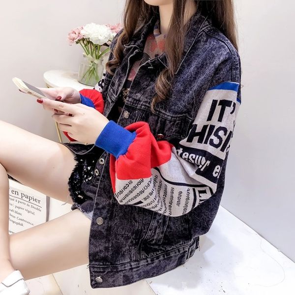 

women's jackets european style vintage long sleeve denim woman's coat fall shreds let go lettering printed cowgirl jacket 0emu, Black;brown