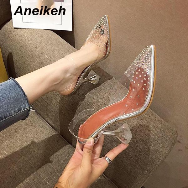 

aneikeh transparent pvc pointed toe rhinestone crystal sandals slingback elegant back strap wedding woman ladies dress shoes, Black