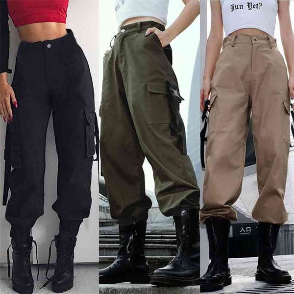 Mulheres Carga Calças Casual Cintura Alta Solta Esportes Longo Hip Hop Dança Camuflagem Militar Jogging Caminhadas Calças De Bolso Bottoms 210522