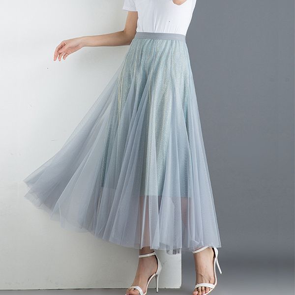 

Skirts skirts Metallic Gauze Maxi Women Summer Shine A-line Layered Tulle Patchwork Ankle Long Green Pink TXNV, Black
