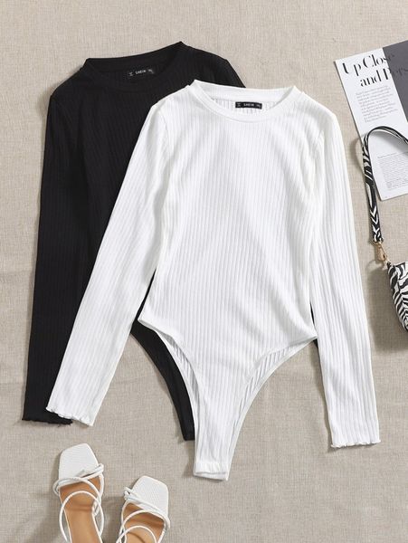 

plus 2pcs solid rib-knit bodysuit e5qd#, Black