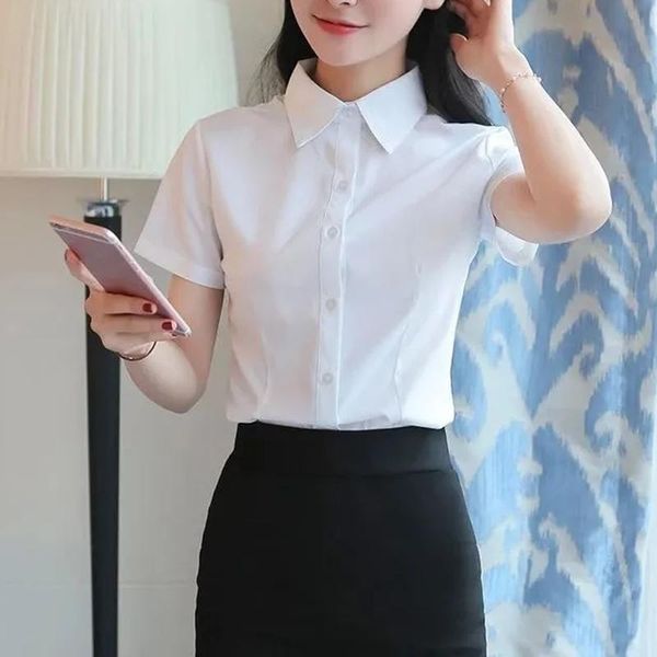 

women's blouses & shirts shirt women summer button up korean work short sleeve lapel slim office blouse white blusas de mujer